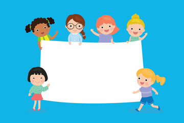 Cartoon girl kids holding empty banner template. Blank space for text or design.