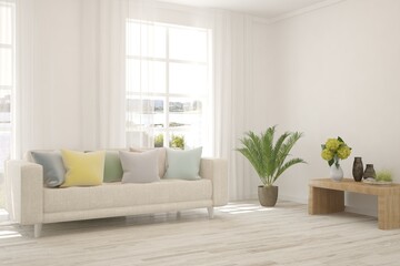 Obraz na płótnie Canvas White living room with sofa. Scandinavian interior design. 3D illustration
