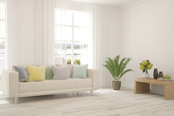 White living room with sofa. Scandinavian interior design. 3D illustration