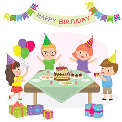 Cute caucasian children celebrating. Cartoon kids have birthday party. Adorable boys and girls with hats and balloons.