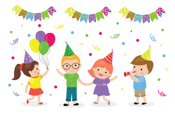 Cute caucasian children celebrating. Cartoon kids birthday or new year party. Adorable boys and girls