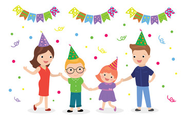 Cute caucasian family celebrating. Cartoon parents and children have birthday or new year party. Adorable characters