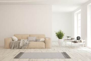 White living room with sofa. Scandinavian interior design. 3D illustration