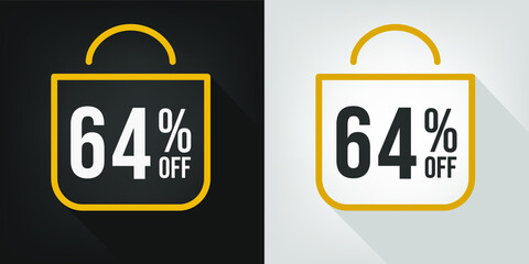 64% off. Black, white and yellow banner with sixty-four percent discount. Shopping bag concept vector.