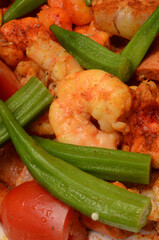 GUMBO INGREDIENTS, SHRIMPS, PORK SAUSAGE, CKICKEN, OKRA, GARLIC, TOMATOES, SPICES, GUMBO FILE