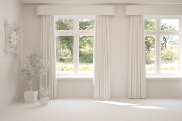 Empty room in white color. Scandinavian interior design. 3D illustration