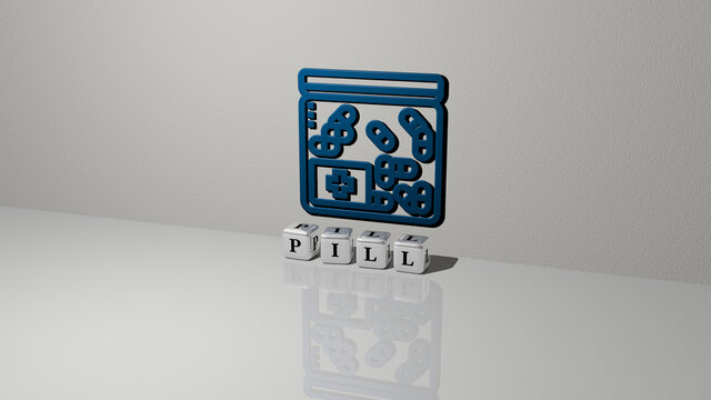 3D graphical image of PILL vertically along with text built by metallic cubic letters from the top perspective, excellent for the concept presentation and slideshows. medicine and illustration