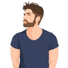 Flat Vector Illustration Strong Attractive Man with Brunette Beard and Trendy Hair Looking to the Side