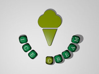 3D illustration of ice cream graphics and text around the icon made by metallic dice letters for the related meanings of the concept and presentations. background and cold