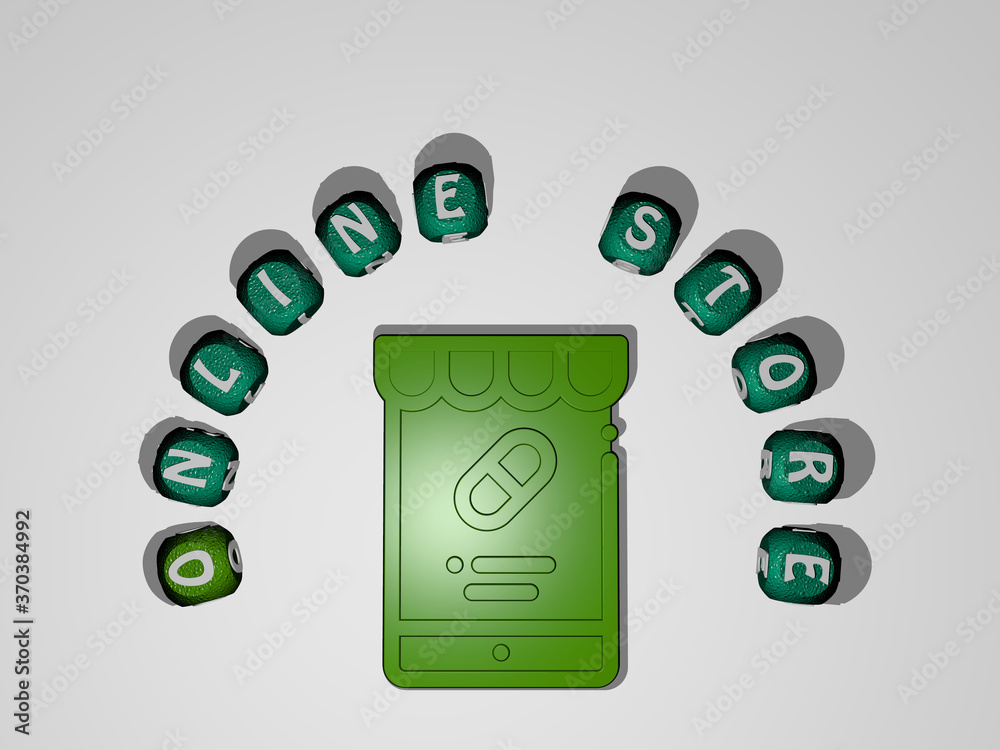 Fototapete 3d illustration of online store graphics and text around the icon made by metallic dice letters for 