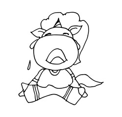 Coloring book for kids - baby unicorn is crying. Black and white cute cartoon unicorns. Vector illustration.	