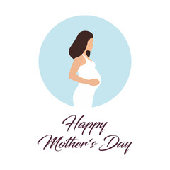 Happy Mother's Day greeting card template with text and illustration of pregnancy woman, isolated on white background