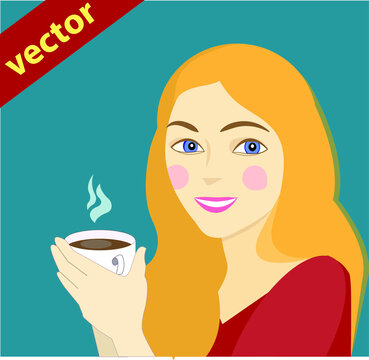 Happy girl (№5) with cup of coffee, espresso latte and cappuccino.  Style cartoon colorful vector illustration isolated. Collection of woman with hot beverages.
