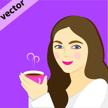 Happy girl (№1) with cup of coffee, espresso latte and cappuccino.  Style cartoon colorful vector illustration isolated. Collection of woman with hot beverages.