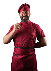 a sushimaster of European appearance in a red chef suit holds chopsticks in his right hand, and his left hand behind his back. Isolated on white background.