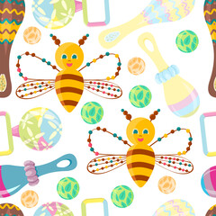 Seamless Pattern. Children's rattles. Bright set
