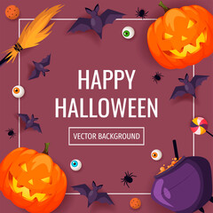Happy Halloween card with Halloween elements. Scary pumpkins, cauldron, broom, flying bats, spiders, candies. Vector illustration for poster, banner, card, postcard.
