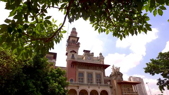 Sao Paulo Brazil. Catavento Science Museum Building Behind Green Trees Panorama. Palace of Industries Building as Part of Complex