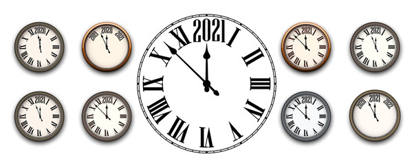 Set of clocks showing 2021 year.