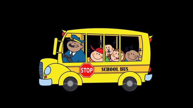 School Bus With Happy Children Cartoon Characters. 4K Animation Video Motion Graphics Without Background
