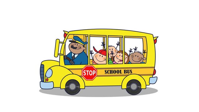 School Bus With Happy Children Cartoon Characters. 4K Animation Video Motion Graphics Without Background