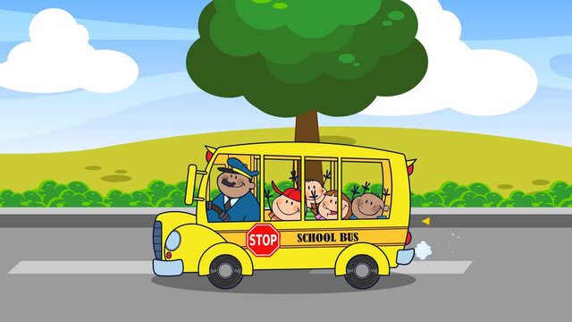 School Bus With Happy Children Cartoon Characters Going To School. 4K Animation Video Motion Graphics With Background