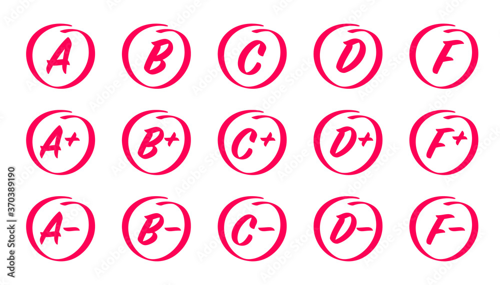 Poster Vector set of Hand drawn grade results. Grades with circles, pluses and minuses. Exam results, letters and plus grades marks in red circle. Exam marks