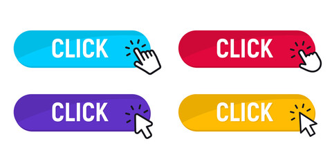 Click Here Button with Click cursor. Set for button website design. Click button. Modern action button with mouse click symbol. Computer mouse click cursor or Hand pointer symbol