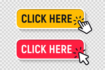 Click Here Button with Click cursor. Set for button website design. Click button. Modern action button with mouse click symbol. Computer mouse click cursor or Hand pointer symbol - obrazy, fototapety, plakaty