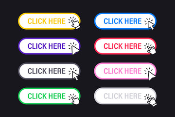Fototapeta premium Click Here Button with Click cursor. Set for button website design. Click button. Modern action button with mouse click symbol. Computer mouse click cursor or Hand pointer symbol