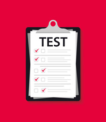 Concept exam, survey, testing. Test form with Clipboard. Test mark on a folder. Examining. Passing the knowledge test and exam. IQ test. Online survey. Checklist, Internet surveying list, test form