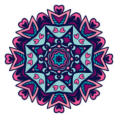 Vector hand drawn doodle mandala. Ethnic mandala with colorful ornament. Pink and blue colors