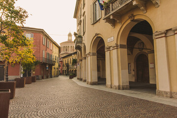 View of Manara's square with municipal palace and Sanctuary of Madonna delle Lacrime in Treviglio...