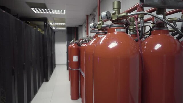 Automated chemical fire suppression system at data center. Tracking shot.