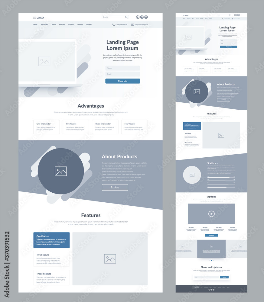 Canvas Prints landing page wireframe design for business. one page site layout template. modern responsive design.