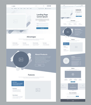 Landing page wireframe design for business. One page site layout template. Modern responsive design. UX UI website: home, advantages, about, features, statistics, options, video, news and updates.
