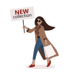 New collection design template. Fashionable girl goes shopping and holds advertising banner. Autumn, spring outfit. Business, promotion concept. Isolated vector illustration