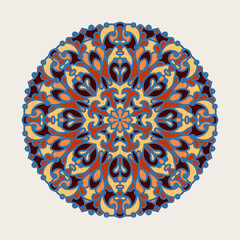 Abstract round floral pattern. Colorful circle decoration in Arabic style. Elegant mandala ornament on white background. 
