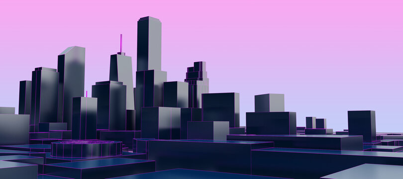 Black Low Poly City With Purple Sky