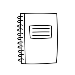 Notebook. School, study, knowledge. Stationery, business, office. Line art. Ink black illustration, icon. Isolated on white background.