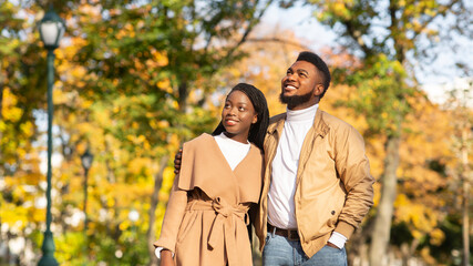 Black millennial couple walking in autumn park and looking aside
