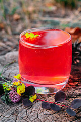 a glass of juice in the forest on green grass