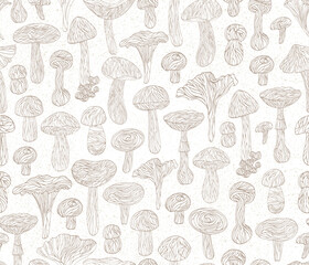 Fungi monochrome graphic background, vector line art mushrooms seamless pattern