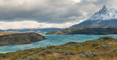 Fototapeta na wymiar Landscape with lake Lago del Pehoe in Torres del Paine national park, Patagonia, Chile.