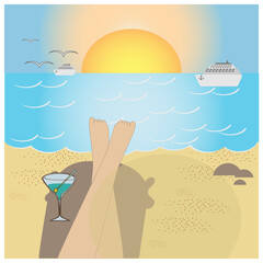 Beach landscape. Relax on a sun lounger with a cocktail by the ocean. Flat design style.