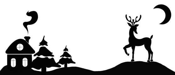 Christmas night scene. Set of Scandinavian objects for Christmas. Hand drawn black deer silhouette, christmas landscape icon with house, snow, deer, moon and tree