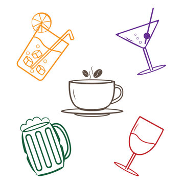 Set of cartoon products icons on white background. Alcoholic and non-alcoholic drinks - tea, coffee, beer, smoothies, juice, cocktail, lemonade, wine and so on