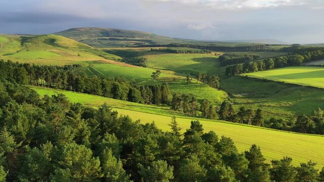 Aerial Footage Of Idyllic Rolling Hills In The Scottish Borders