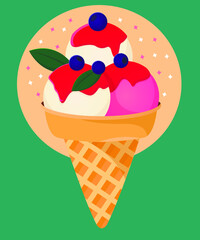 
ice cream with strawberry jam and blueberries
