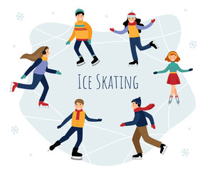 Vector set with children ice skating. Children ice skating on a frozen lake. Winter fun.